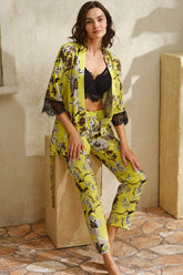 WOMEN'S WOVEN VISCOSE FLOWER PRINTED LACE GOWN WIRE NON-PUSH UP BUSTIER & PANTS 3 PIECES SET