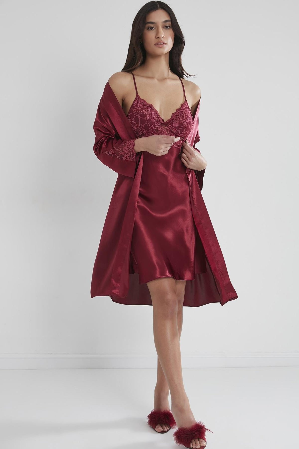 Pierre Cardin Women's Satin Lace Nightgown and Gown Set-4050