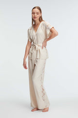 Anil Short Sleeve V-Neck Summer Pajama Set with Lace & Dressing Gown - 9947