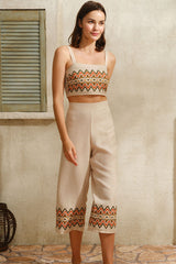 Anil Thick Strap U-Neck Geometric Summer Pajama Set with Embroidery Detail - 9822