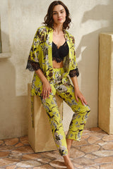 WOMEN'S WOVEN VISCOSE FLOWER PRINTED LACE GOWN WIRE NON-PUSH UP BUSTIER & PANTS 3 PIECES SET