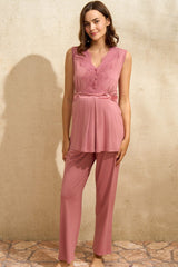 WOMEN'S VISCOSE MATERNITY NURSING LACE GOWN T-SHIRT & PANTS 3 PIECES SET