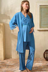 WOMEN'S VISCOSE MATERNITY NURSING LACE GOWN T-SHIRT & PANTS 3 PIECES SET