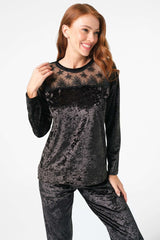 Anil Velvet Long Sleeve Winter Pajama Set with Lace Details