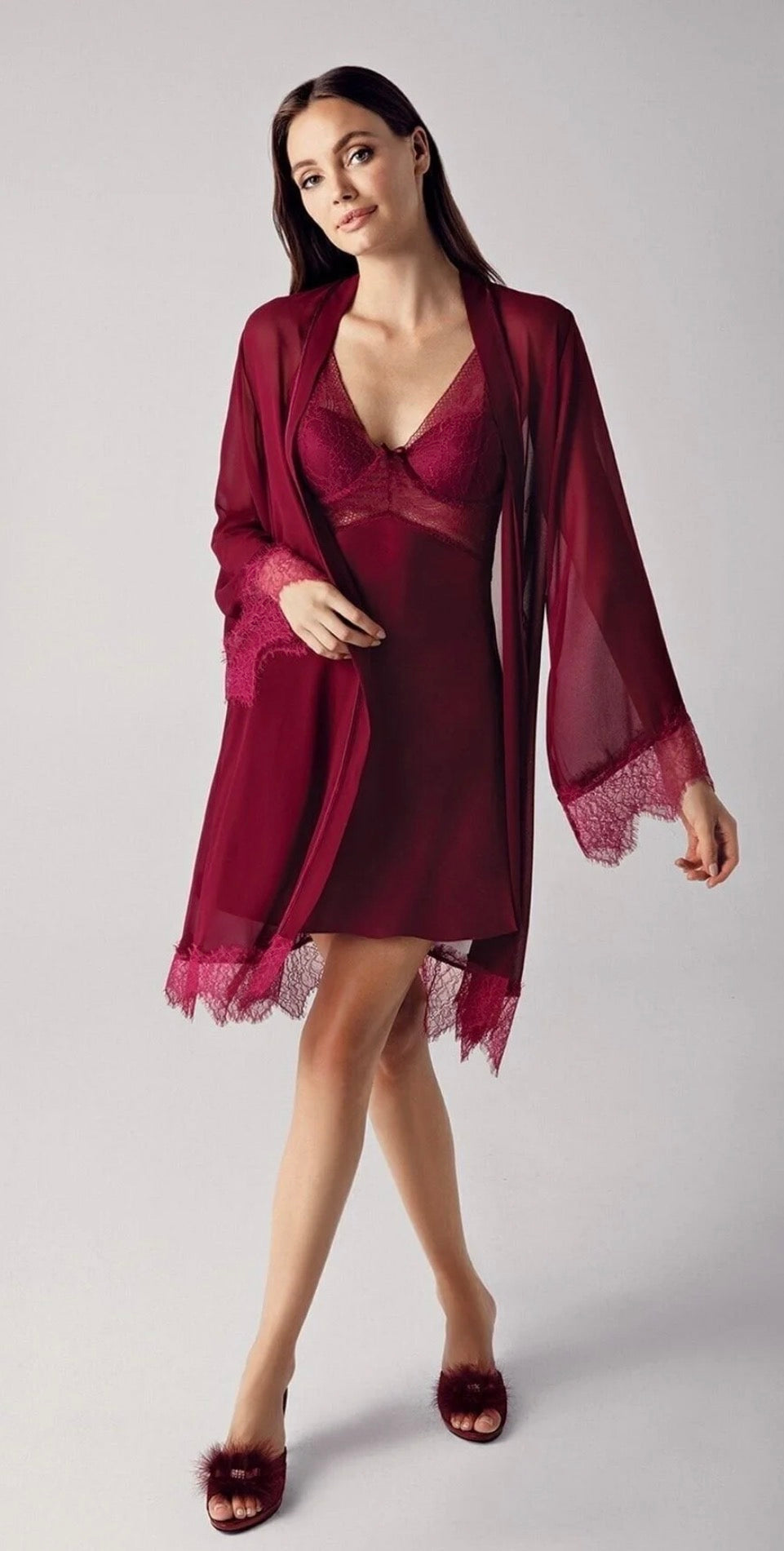 Perin Satin Nightgown Set 4 Pcs with Dentel