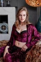 Anil Women's Velvet Dressing Gown Baleen Padded Padded Straps Removable Lace Bustier Bra and Trouser Pajamas 3-Pack Set -5483