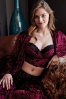 Anil Women's Velvet Dressing Gown Baleen Padded Padded Straps Removable Lace Bustier Bra and Trouser Pajamas 3-Pack Set -5483