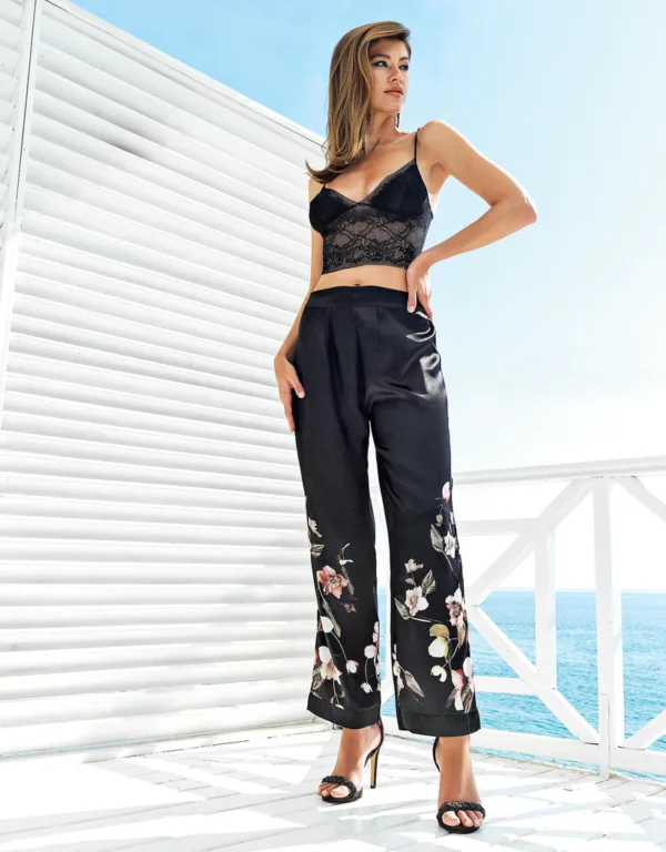 PERIN Black Floral Pajama Set With Dressing Gown -5303