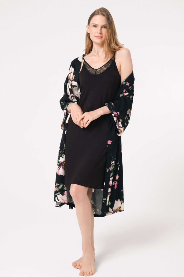 Anıl Rope Strap V-Neck Viscose Flower Patterned Winter Knitted Normal Waist Lace Detailed Nightgown Dressing Gown - 5787