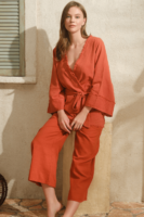 Short Sleeve V-Neck Women's Cotton Plain Summer Capri Tie Pajama Set Anıl - 9821